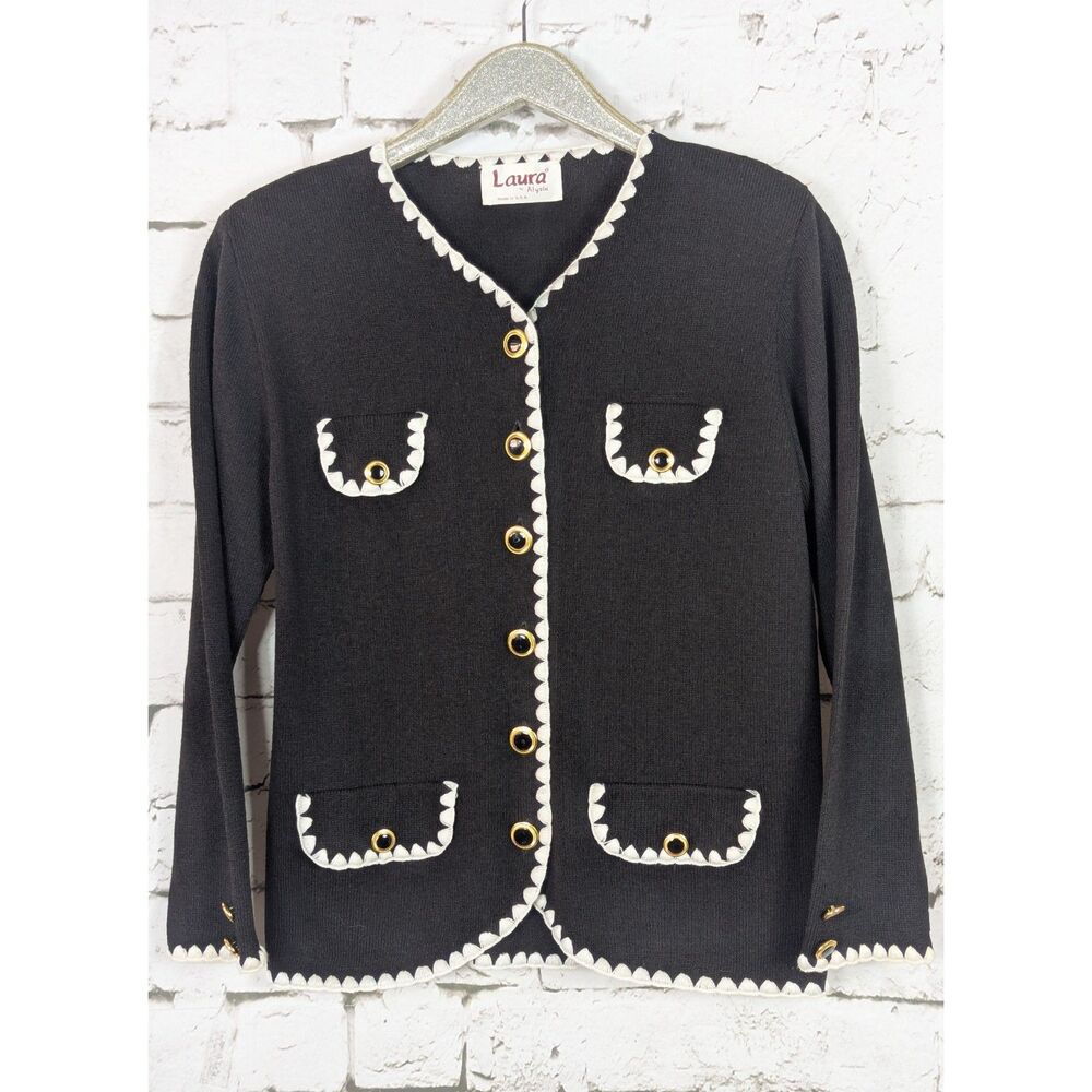 VINTAGE LAURA by ALYZIA Classic Knit Cardigan Black White Statement Size *M/L